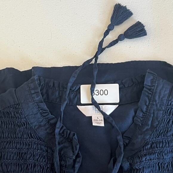 Time and Tru Kid's Large Navy Blue Smocked Yoke Top With Tassles V Neck - Picture 3 of 9